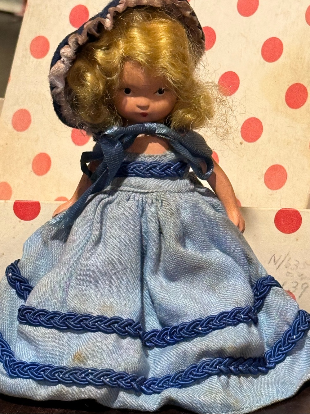 1940 Little Miss Donnet 163 Nancy Ann  Blonde Curly Hair Blue Dress Bonnet Hat